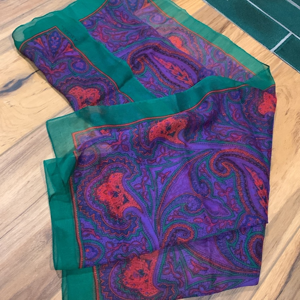 Axcess 90’s vintage delicate sheer scarf purple red and green paisley 30” x 30” - Picture 5 of 5